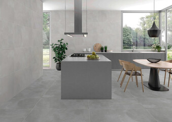 3D Render of a Modern Kitchen and Dining Area with Soft Gray Tiling and Natural Light