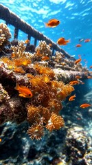 Vibrant Underwater Scene with Orange Fish and Coral Tropical Ocean Marine Life Photography Colorful Reef Close-Up Perspective