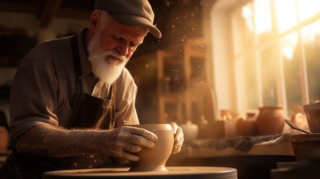 Elderly caucasian male artisan crafting pottery in sunlit studio.