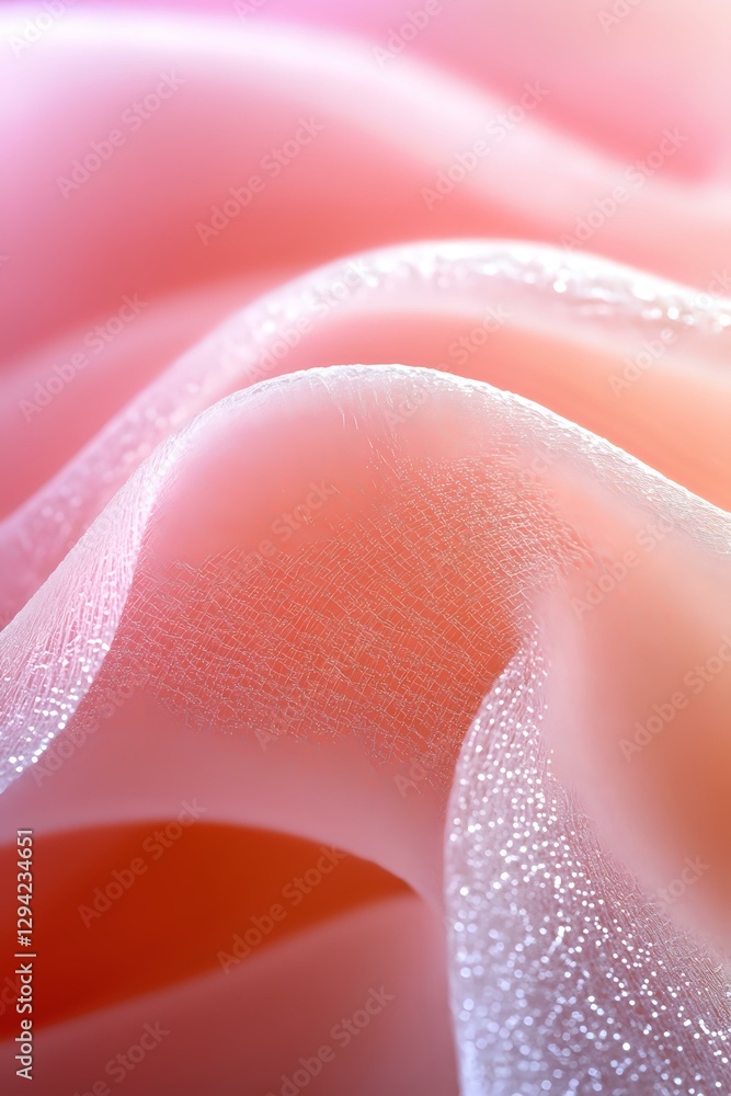 Poster soft pink fabric with delicate glitter texture creates gentle waves and folds, capturing light and s