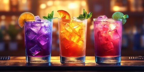 Colorful cocktails garnished with fruit and mint on a wooden bar in a lively evening setting