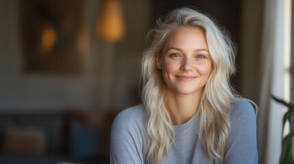 Smiling young caucasian female with long blonde hair in cozy indoor setting.