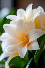 Fototapeta premium Delicate cream-colored double daffodil bloom with soft orange center against blurred green background, captured in macro photography with selective focus.
