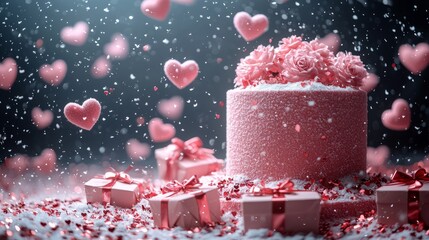 Valentines Day background: cylindrical podium on snow, pink hearts falling, pink gift boxes