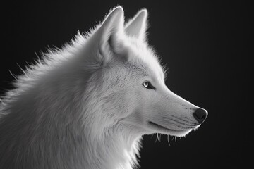 Naklejka premium Majestic Wolf Portrait: A striking portrait of a regal white wolf, showcasing its piercing gaze and the exquisite texture of its fur against a backdrop of deep shadows.
