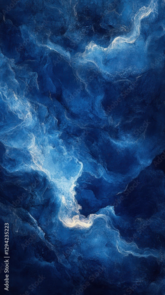 Poster vibrant blue abstract artwork showcases layered textures and flowing patterns in a celestial theme