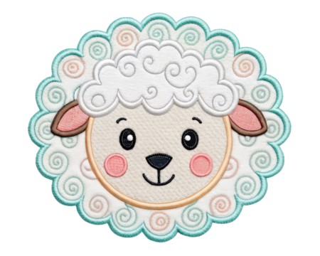 Cute Embroidered Sheep Patch Design with Pastel Colors and Charming Facial Features