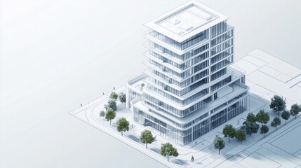 A precise isometric architectural visualization of a modern high-rise office building, featuring a blueprint-style rendering with clean white lines on a light gray background