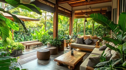 A stylish tropical-themed living space with lush foliage, wooden textures, and warm earthy tones