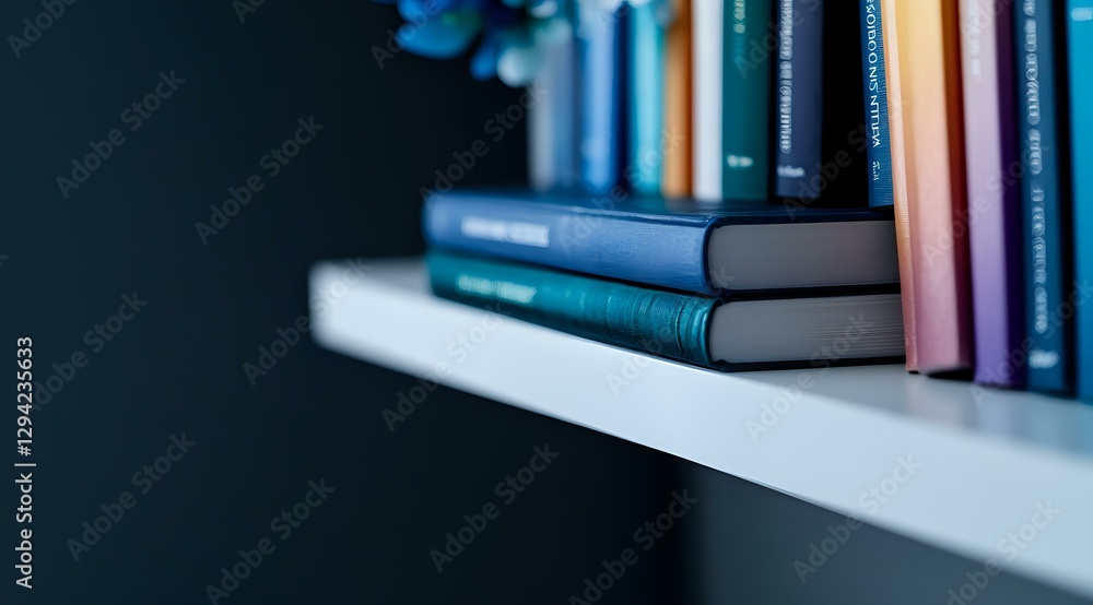 Poster stack of books on white shelf against dark background with soft focus and blurred edges creating min