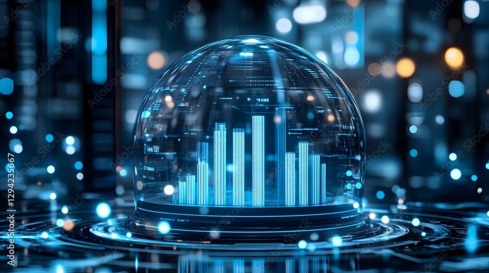 Poster digital futuristic bar chart in a glass dome glowing with light, showcasing advanced data visualizat