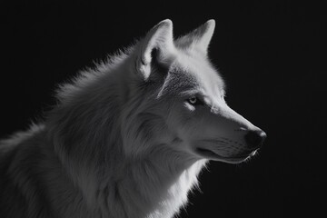 Obraz premium Majestic Wolf in Monochrome: A striking monochrome portrait of a wolf. The focus is sharp on the eyes, against a shadowy background, embodying its wild spirit and natural elegance.