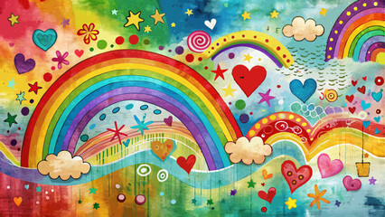Obraz premium Playful watercolor texture background, bright splashes with whimsical rainbows and hearts, exuding happiness and imagination for Children’s Day with copy space 