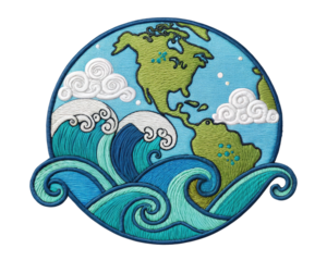 Illustrated Earth and Waves Patch Design for Eco-Friendly and Nature Themes