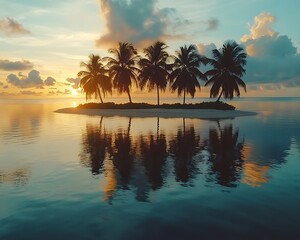 Tropical island sunset featuring palm trees reflecting in the water
