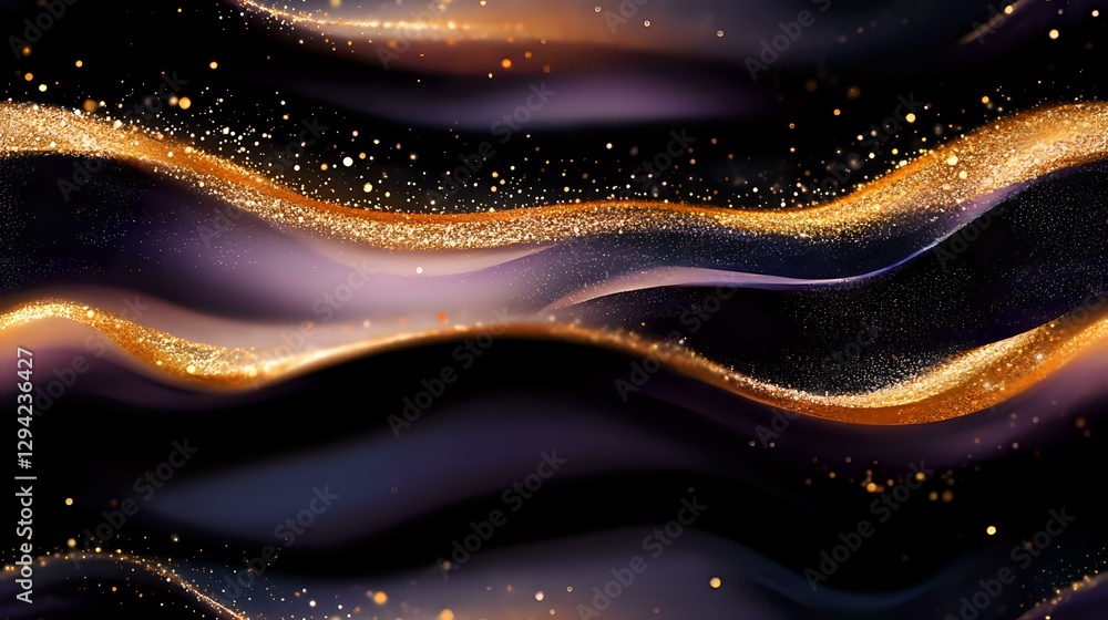 Poster magical flowing waves of gold glitter and purple swirls on black background create ethereal cosmic p