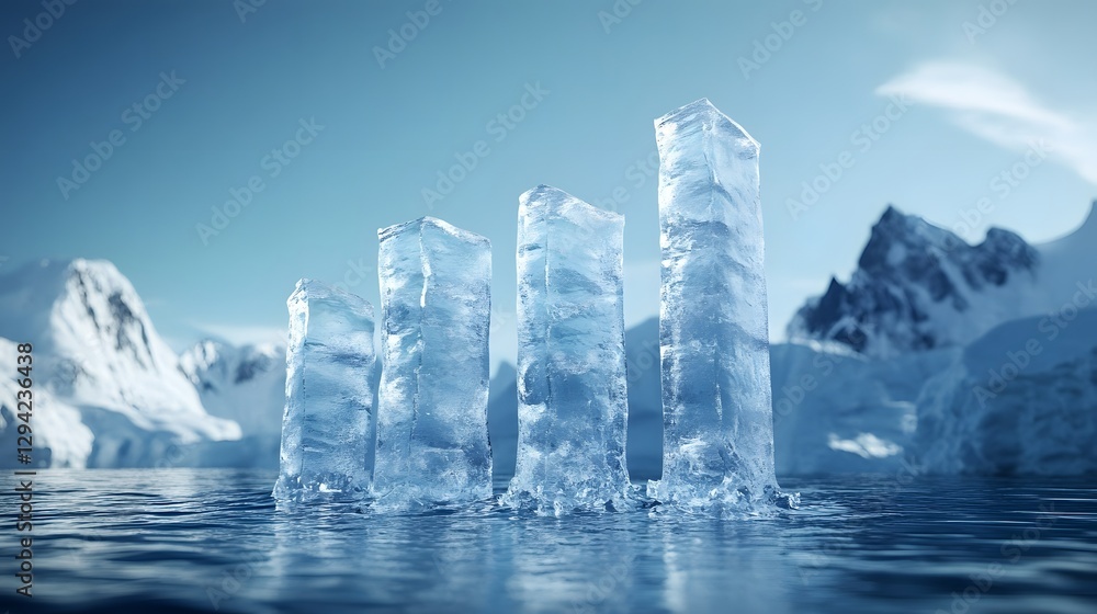 Poster ascending ice block bar chart melting, representing environmental issues and data trends