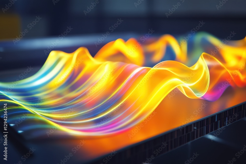 Poster vibrant colorful waves flow dynamically across a digital surface with a sleek design