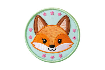 Obraz premium Cute Embroidered Fox Face Patch with Floral Accents on a Light Green Background