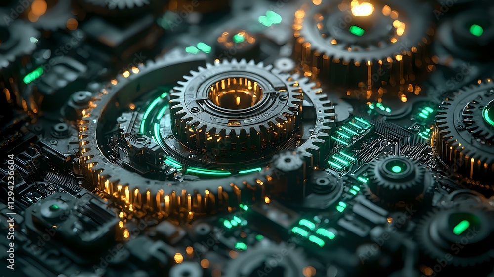 Poster mechanical gears and circuit board elements illuminated with glowing green and golden lights creatin