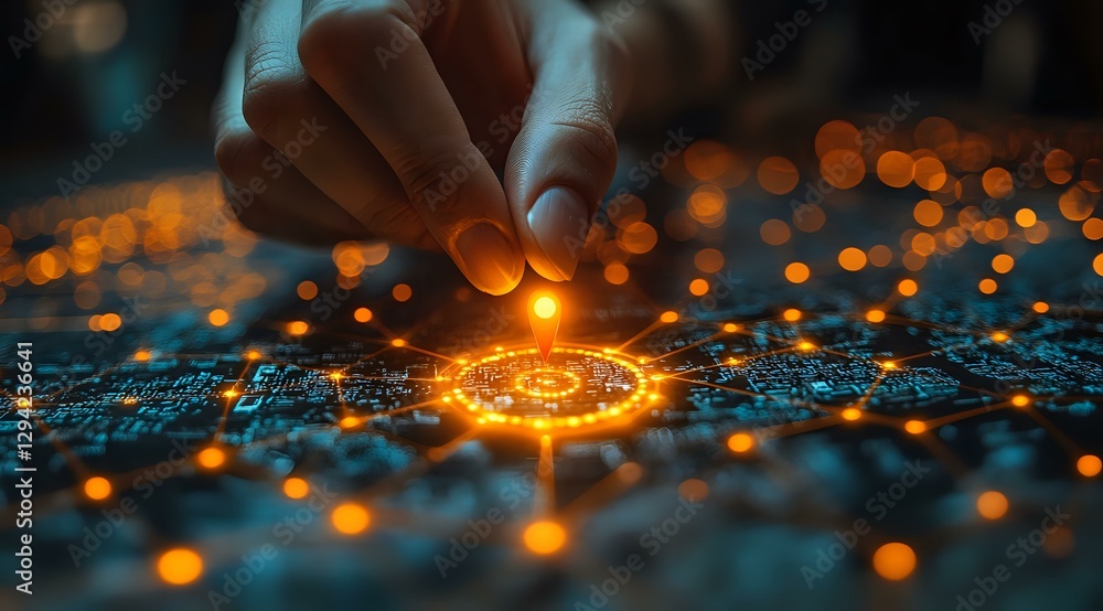 Poster glowing orange spiral pattern with magical light effects and bokeh on dark textured surface. hand pl