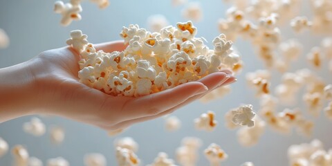 Hand reaching to catch flying popcorn during a fun movie night at home with friends in the evening