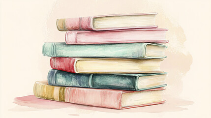 stack of vintage inspired pastel books with hand drawn style