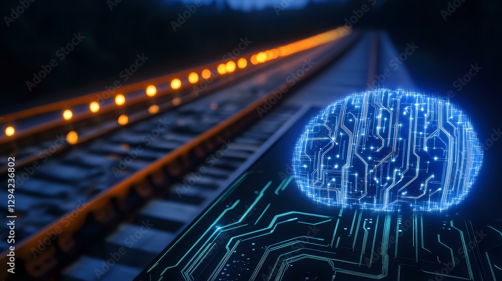 Aufkleber glowing digital brain with circuit pattern over railroad tracks at dusk, orange lights illuminate ra