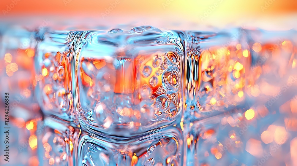 Poster macro shot of melting ice cubes with orange sunset bokeh background creating magical light refractio
