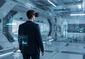 Businessman in metaverse digital for next generation technology era