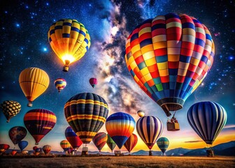 Obraz premium Night Hot Air Balloon Festival: Glowing Balloons Ascending Above Dark Landscape