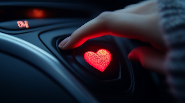 Heart button press, car interior, night - Powered by Adobe