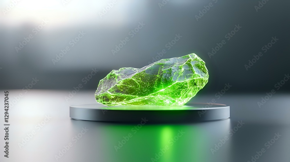 Poster glowing green crystal on metallic platform with ethereal light effect against dark background create
