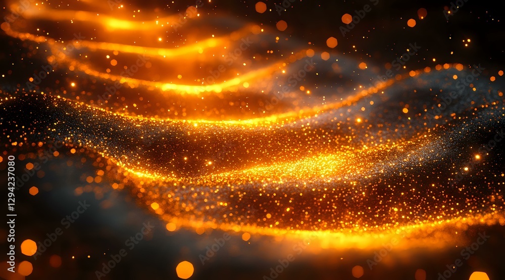 Poster glowing golden particles and light waves flow in dark space creating magical atmosphere with bokeh e
