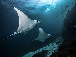 A pair of stingrays gliding side by side, their smooth bodies appearing ghostly in the darkness