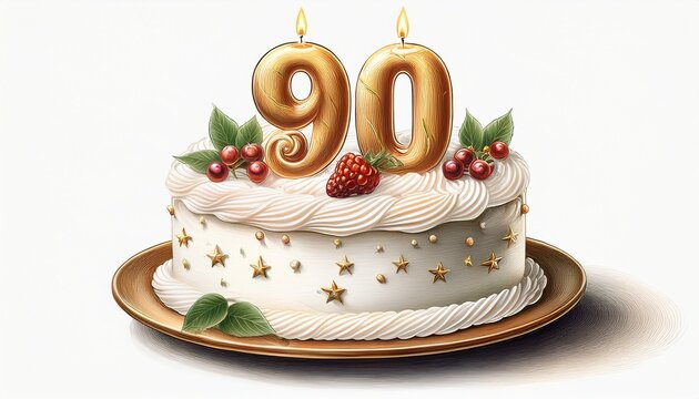 Illustration of decorated white cake for birthday or anniversary party. Number 90, ninetieth birthday celebration