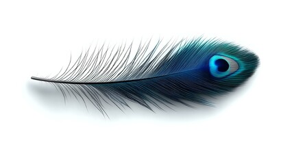 Obraz premium Elegant peacock feather with vibrant blue and green eye spot isolated on white background, delicate black barbs creating graceful curves and natural texture.