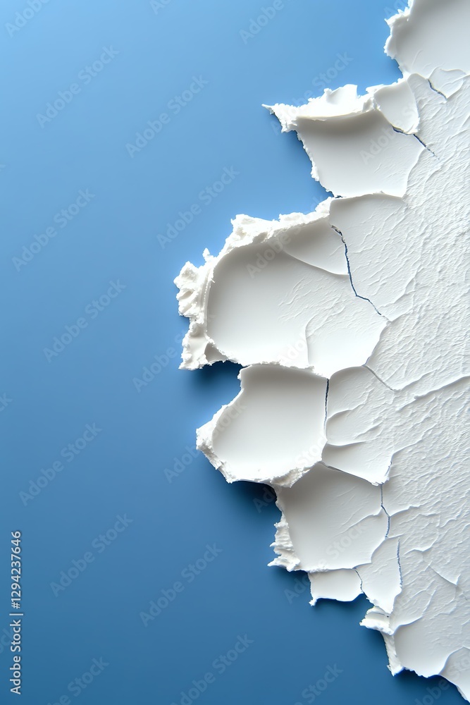 Poster Torn white paper edge creating dramatic coastal cliff-like pattern against blue background, abstract artistic composition with depth and shadow effects.