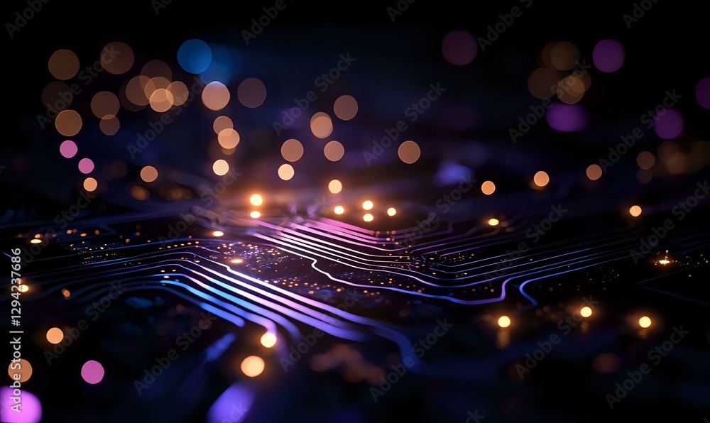 Poster glowing circuit board paths with purple and orange bokeh lights creating futuristic technology backg