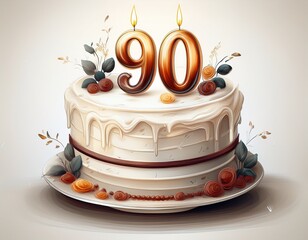 Illustration of decorated white cake for birthday or anniversary party. Number 90, ninetieth birthday celebration