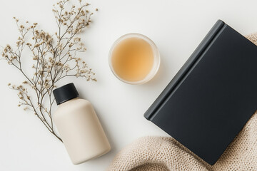 visually engaging flat lay of self care essentials, featuring bottle, candle, book, and dried flowers, creating serene and calming atmosphere