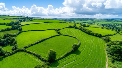 Aerial view of rolling green farmland under a summer sky