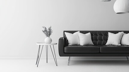 Modern Living Room With Black Sofa, White Walls, and Stylish Decor