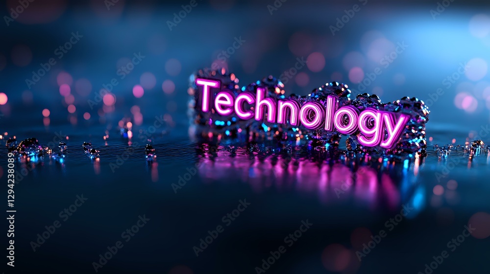 Aufkleber glowing technology text with liquid metal effect on dark background with pink and blue bokeh lights 