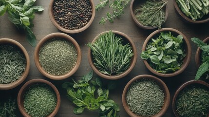 Flat Lay of Fresh Herbs and Spices in Bowls