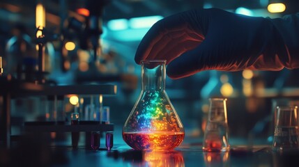 Scientist handling colorful chemical flask in lab
