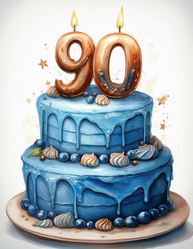 Illustration of decorated blue cake for birthday or anniversary party. Number 90, ninetieth birthday celebration