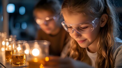 Young Caucasian girl wearing safety glasses observes chemical experiment with glowing liquid in glass jars, warm candlelight atmosphere creates educational science mood.