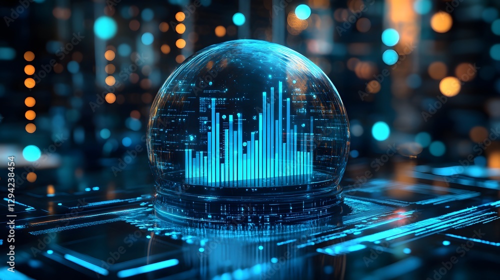 Poster digital futuristic bar chart in a glass dome glowing with light, showcasing advanced data visualizat