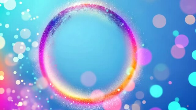 Glowing Colorful Neon Ring with Futuristic Light Effect on Light Blue Background Video. Copy paste area